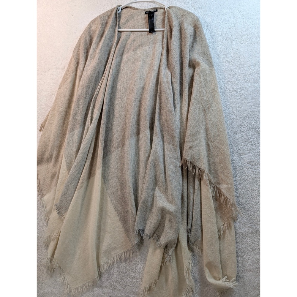 Eileen Fisher Italian Wool Blend Colorblock Fringed Wrap Shawl OS Tan Grey